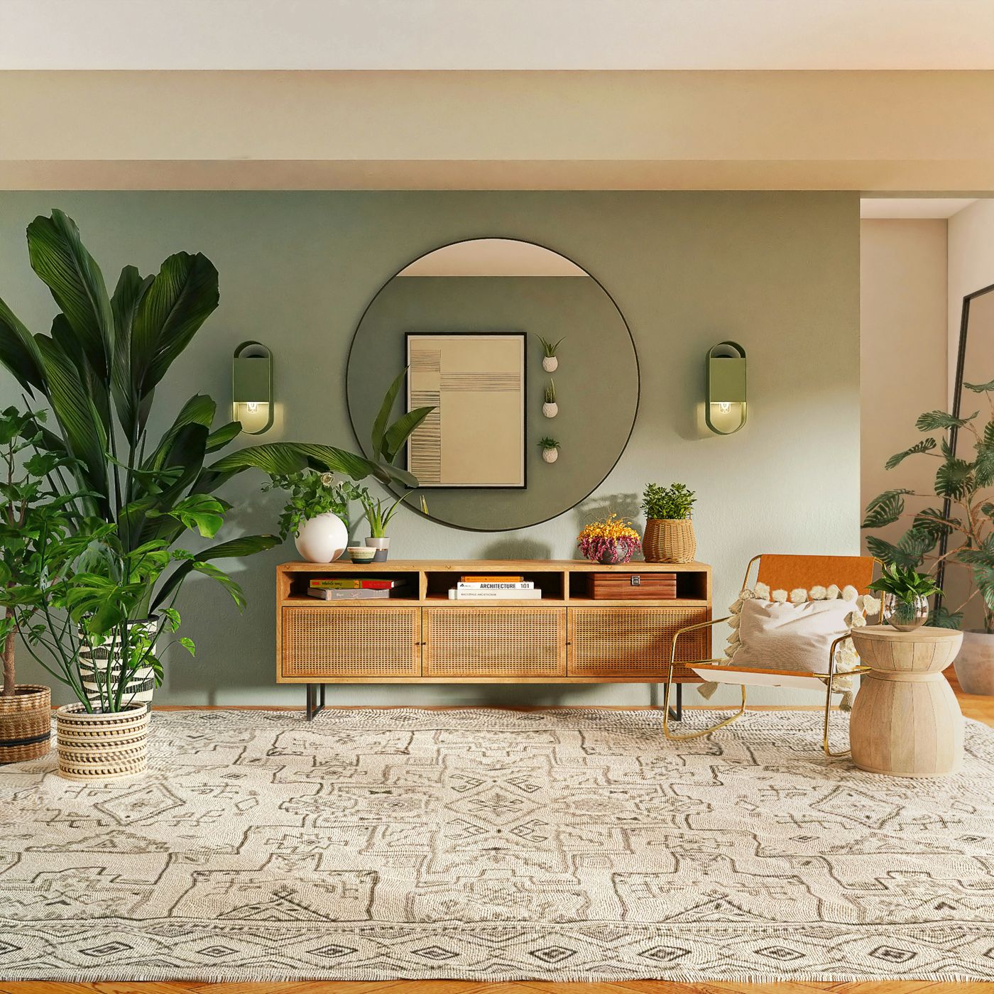 Sage green living room wall with round mirror and natural styling