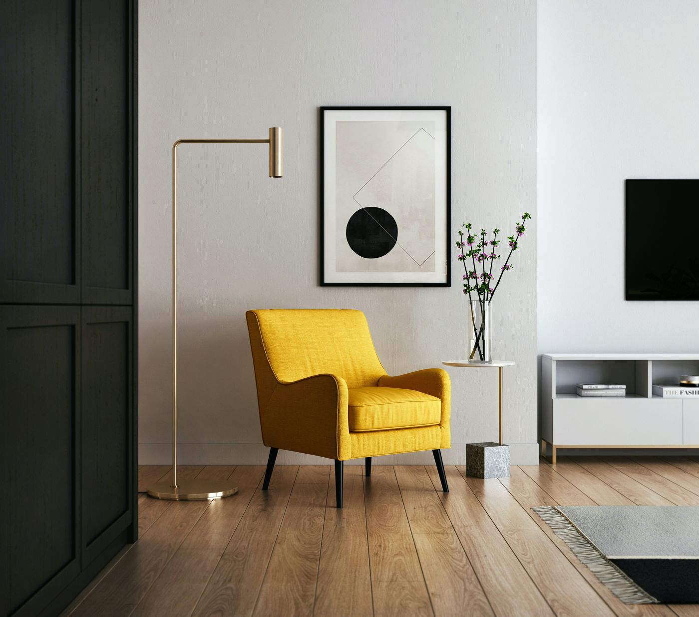 Styled corner with a mustard armchair and brass floor lamp