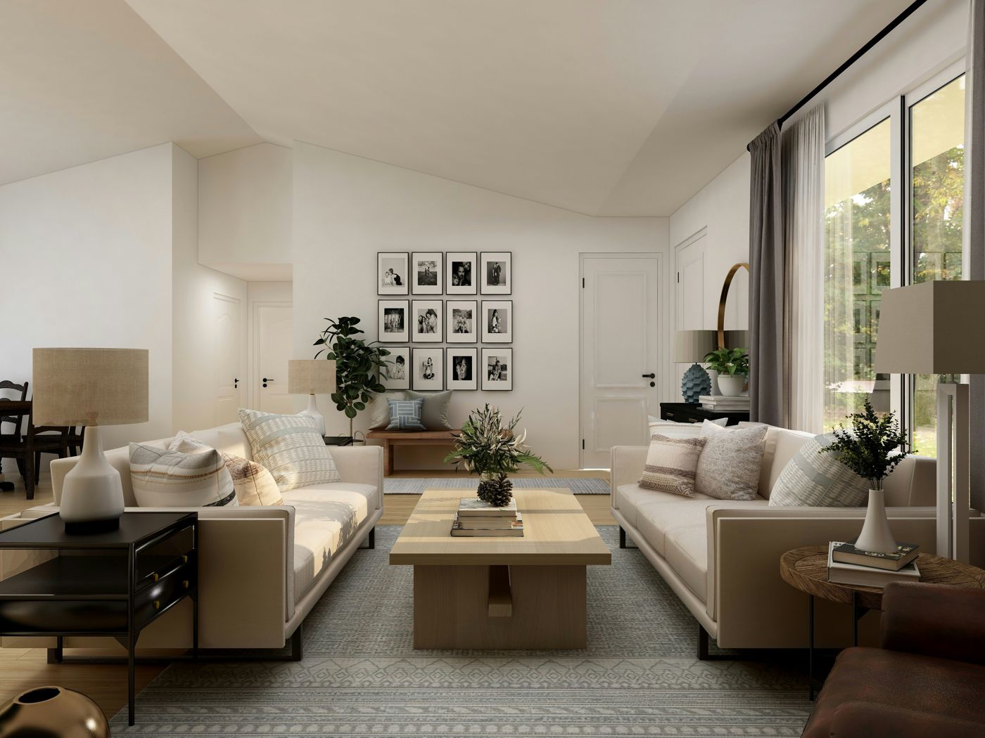 Light, refreshed living room with twin neutral sofas
